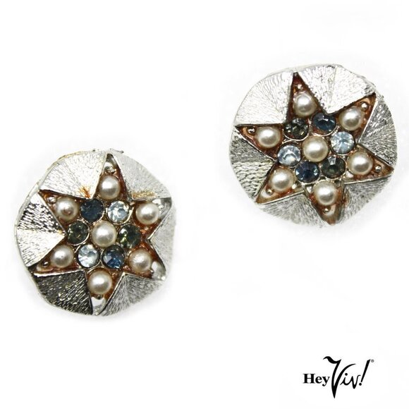 Vintage Coro Clip On Earrings - Silver Star Shape w Pearl & Rhinestones -Hey Viv - Picture 1 of 4